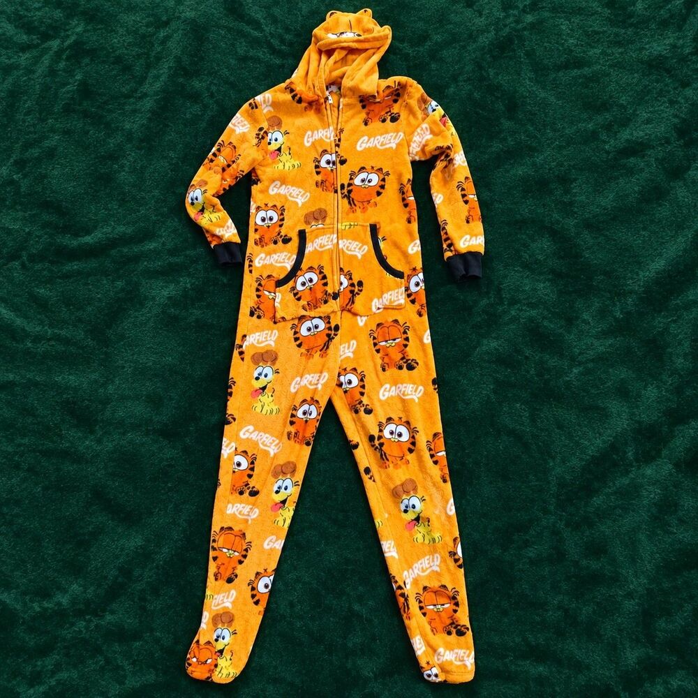 The Garfield Movie Womens Size XS Hooded Plush Fleece Pajama Union Suit Jumpsuit